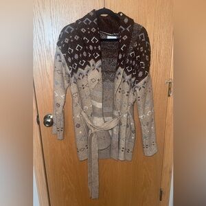 Lucky Brand Brown and Beige Aztec Fair Isle Shawl Collar Belted Cardigan Sweater